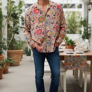 QZH.DUAO Mens 70s Disco Hippy Trippy Paisley Groovy Vibe Boho Festival  Dad XL